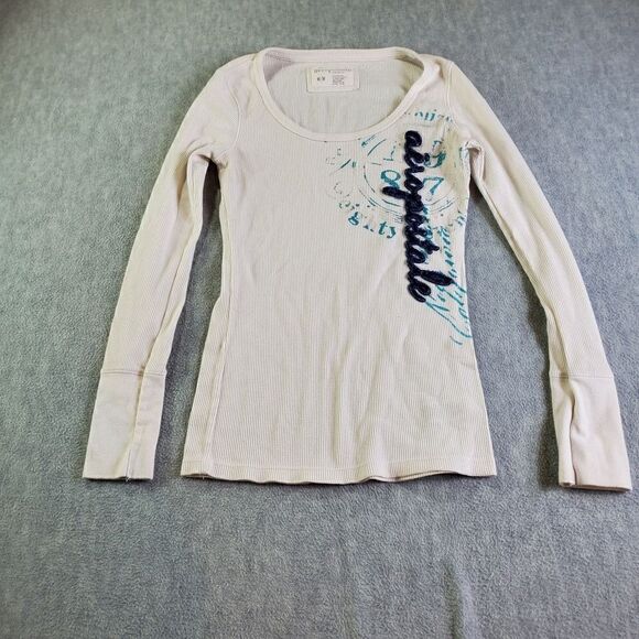 Aeropostale Thermal Womens Medium White Waffle Knit Logo Shirt - Picture 1 of 7